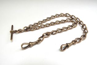 A 9ct rose gold watch chain with T-bar, each link marked, 37.5cm long, 35.5g
