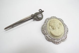 A Charles Horner silver framed cameo brooch and a Charles Horner sword brooch