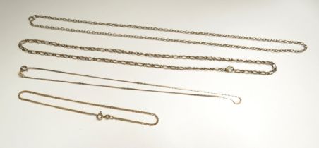Three 9ct gold necklaces, 52cm, 36cm and 48cm with a 9ct gold ankle chain, 24cm long, 17.5g
