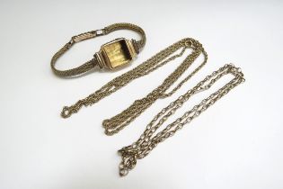 Two 9ct gold broken chains and an 18ct gold watch case, plated strap, chains 10.9g