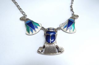 An enamel Egyptian scarab necklace with Hieroglyphics to reverse, unmarked silver, 43cm long, 29.1g