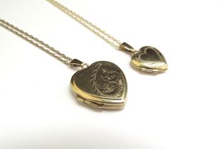 Two 9ct gold heart shaped lockets hung on chains one marked 9k, 6g total
