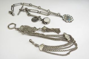 A silver watch chain with T-bar, each link stamped, hung with Albert, sixpence and fob, 38cm long,