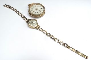 A gold pocket watch stamped 14k, 28.2g and a 9ct gold Doric wristwatch, 10.8g (2)