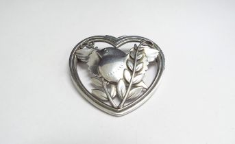 A Georg Jensen heart shaped brooch with bird by Arno Malinowski #239, 14.6g