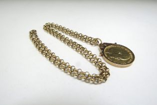 A 1902 gold sovereign in pendant mount hung on a 9ct gold belcher chain, 46cm long, 18.8g