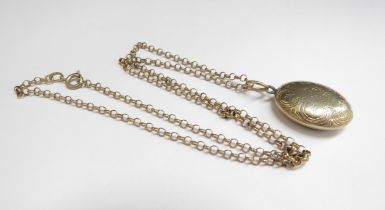 A 9ct gold belcher chain, 46cm long hung with an oval engraved pendant with hair woven panel, 7.8g