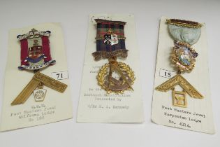 Three 9ct gold Masonic Medals with enamelled decoration and ribbons, 73.9g total