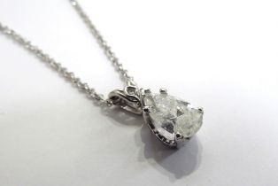 A pear cut single diamond pendant, 1.25ct approx hung on a white gold twisted curb style chain, 50cm