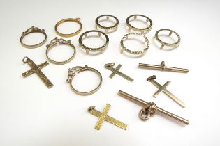 Four 9ct gold cross pendants, gold T-bar, and various gold mounts for sovereigns and half