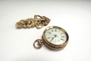 An Excelsior Suisse pocket watch, case marked 18k, together with an unmarked brooch/hook, 41.1g