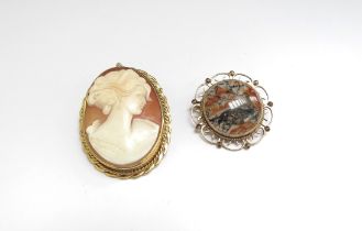 A 9ct gold framed oval cameo brooch and a 9ct gold framed circular moss agate brooch (2)