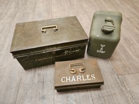 A Swedish Army petrol can together with two deed boxes, one in military colour (3)