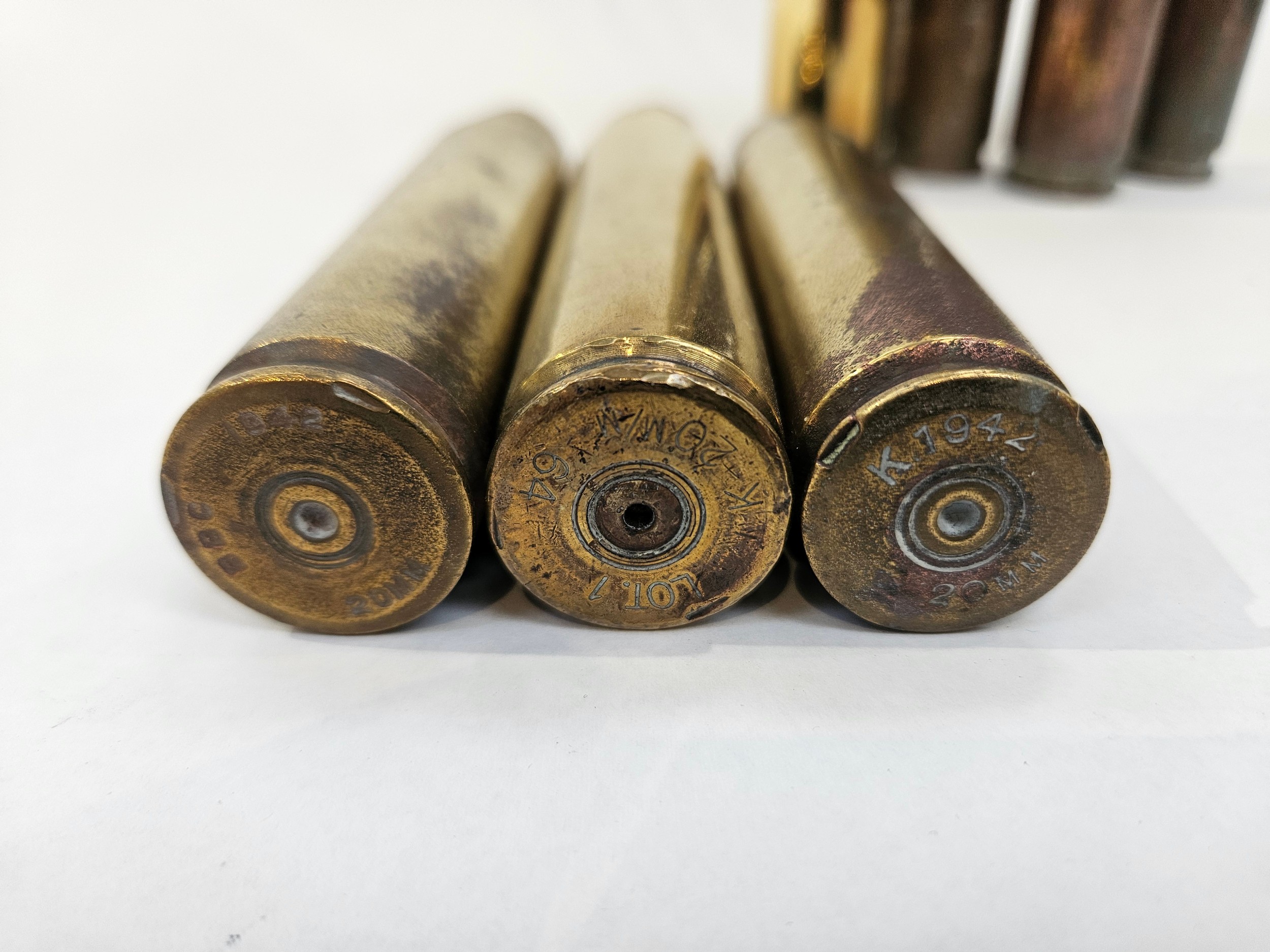 Ten 20mm cannon shell cases as used by RAF Spitfires, Hurricanes and Tempests, including 1941, - Image 3 of 4