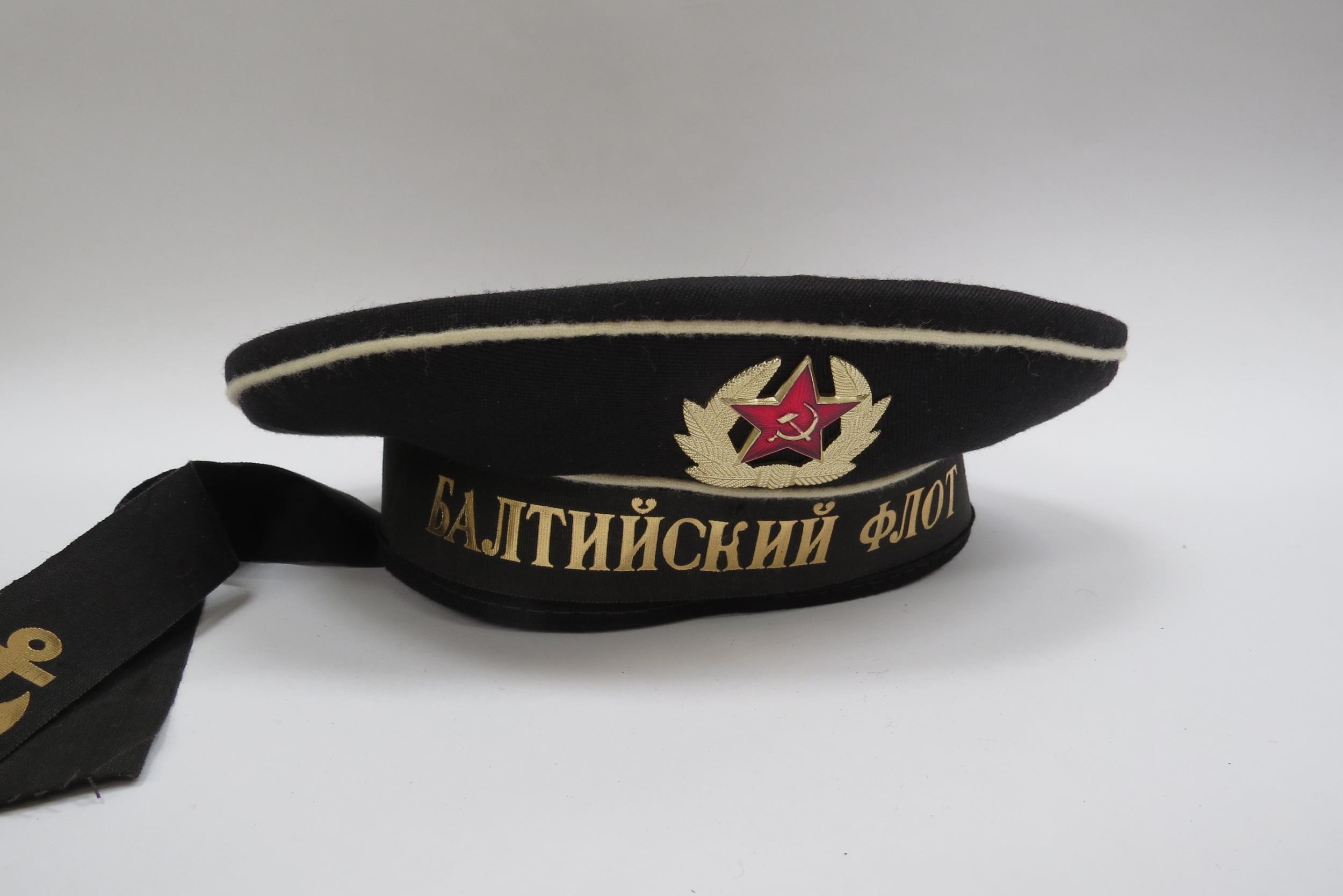 Three USSR Russian Soviet Navy sailor's caps, black with white piping, each with hammer and sickle - Image 6 of 7