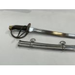 A replica cavalry officer’s sword, brass three bar hilt, wired grip, steel two-ring scabbard. For