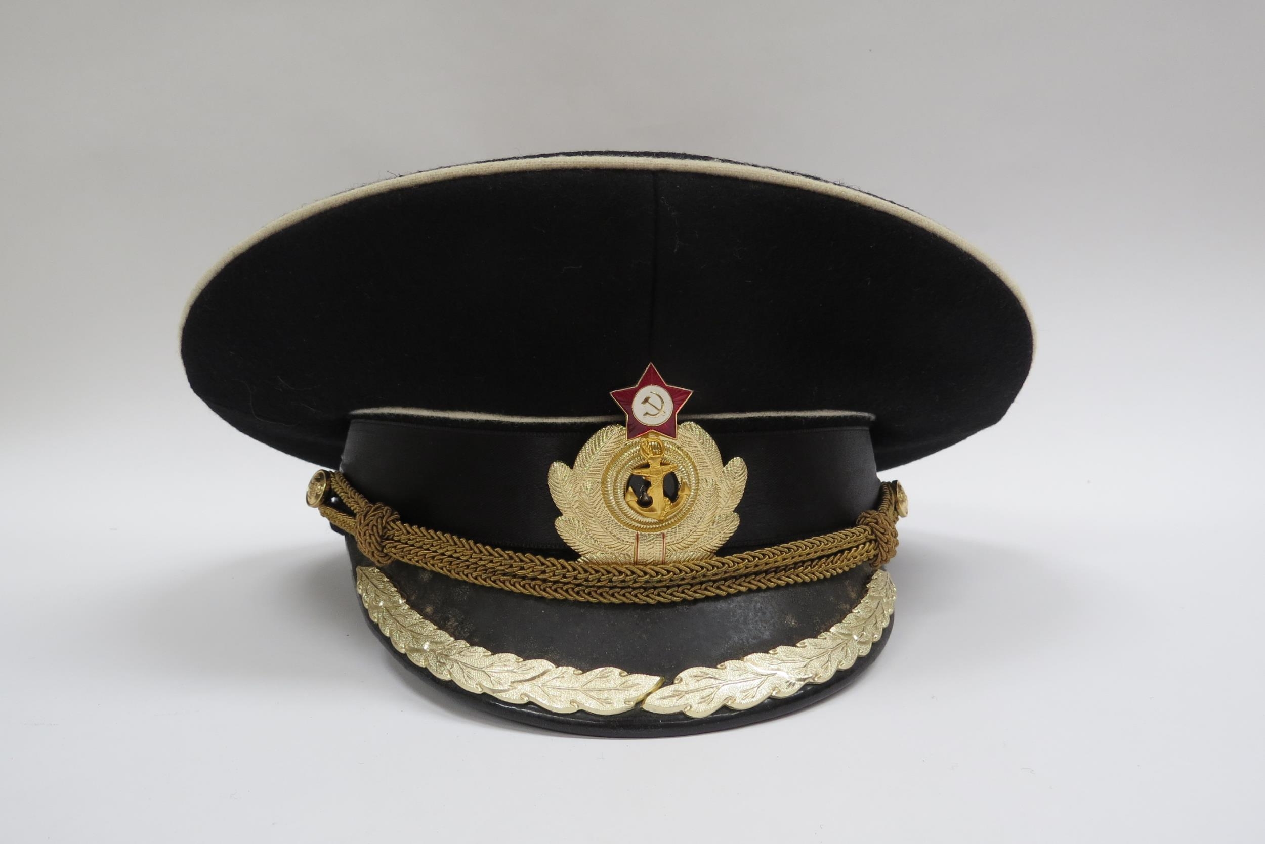 Three USSR Russian Soviet Naval officer's peaked visor caps, two high ranking with leaves to - Image 4 of 7