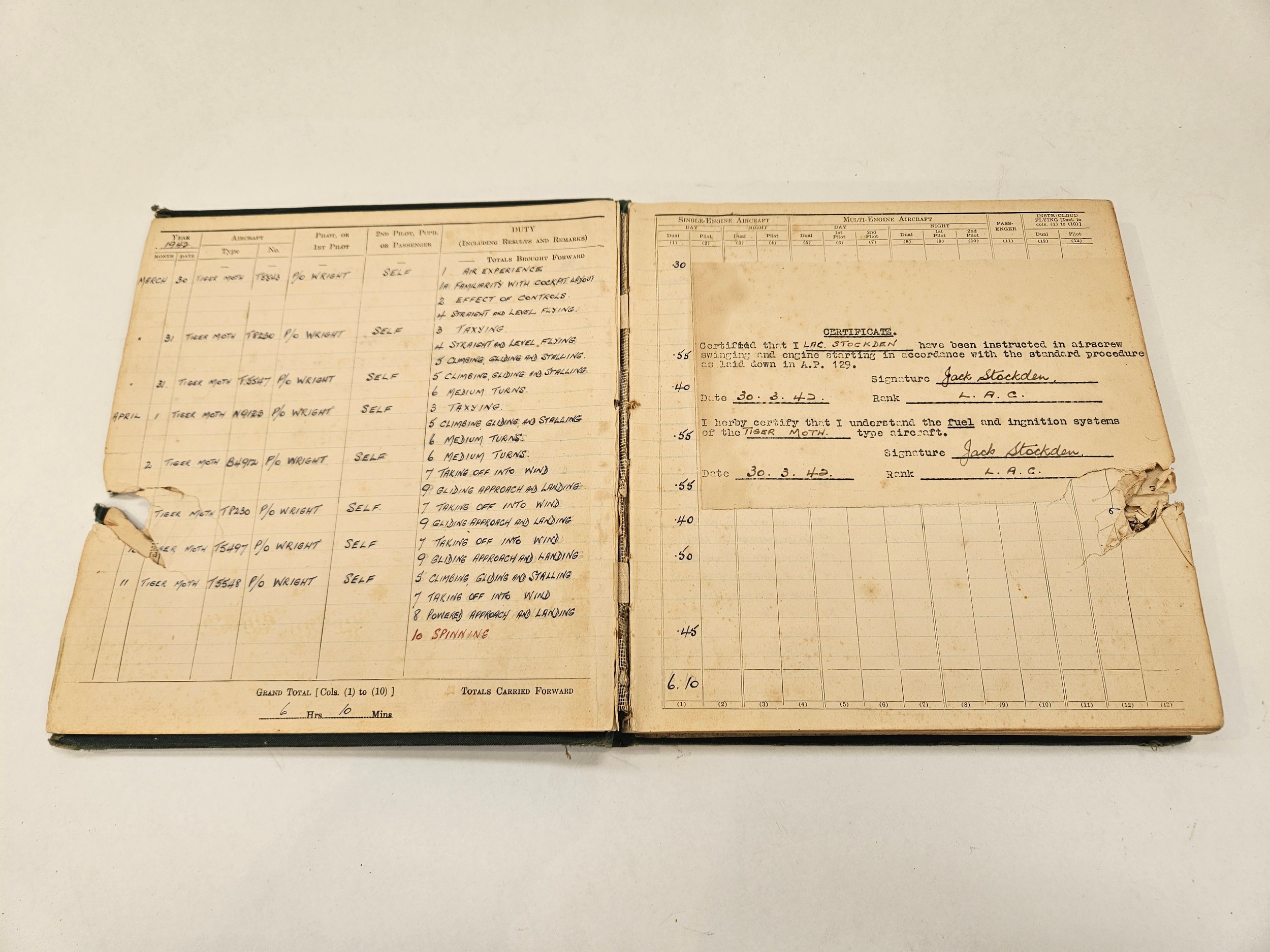 A WWII RAF logbook to Spitfire pilot F/LT. J. STOCKDEN. Training from March 1942 on Tiger Moths - Image 2 of 5