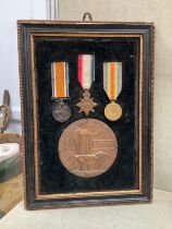 A WWI 1915 star trio named to casualty 16762 PTE. F. PRESTON LINC. R., together with memorial plaque