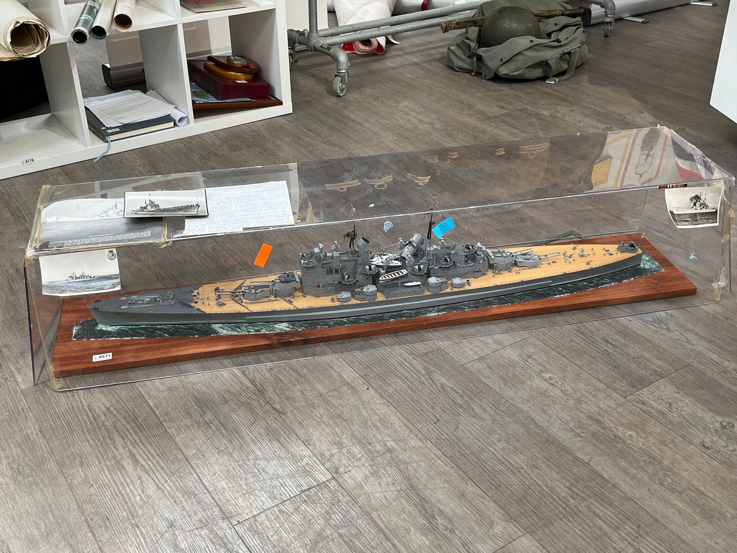 A cased model of HMS Vanguard, approx. 130cm long, a/f