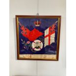 An early 20th Century silk embroidery, crossed white and red ensign flags with lifebelt with