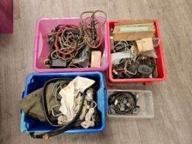 Three boxes of various military cabling and headphones etc