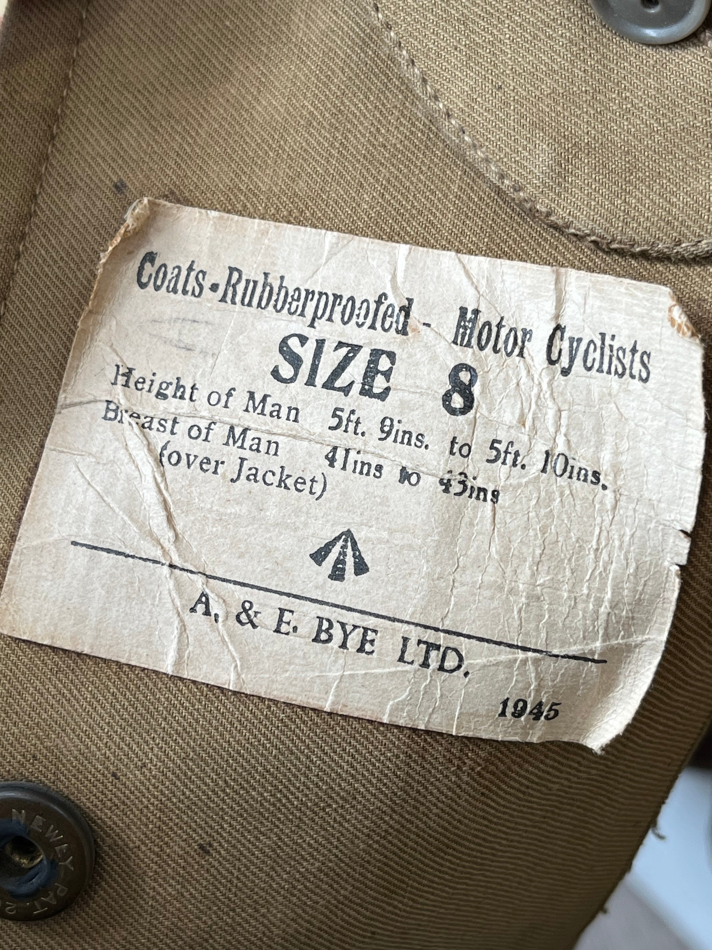 A WWII dispatch rider's overcoat by A, & E Bye Ltd, dated 1945 to label, size 8 - Image 2 of 4