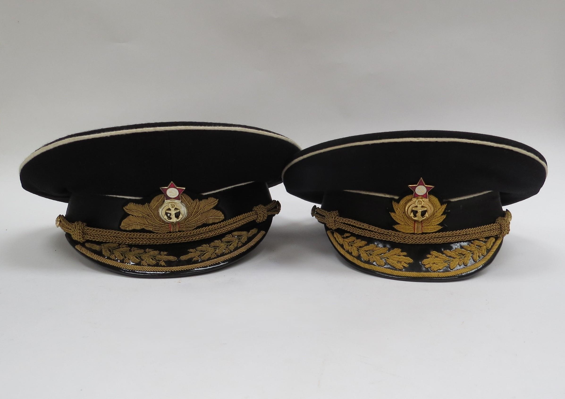 Two USSR Russian Soviet Naval officer's peaked visor caps, both high-ranking and circa 1950's-60s,