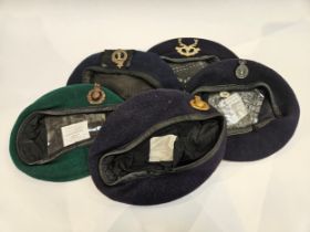 Five various berets with badges including Army Catering Corps, Royal Marines, Scottish Clan and 1953