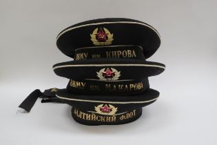 Three USSR Russian Soviet Navy sailor's caps, black with white piping, each with hammer and sickle