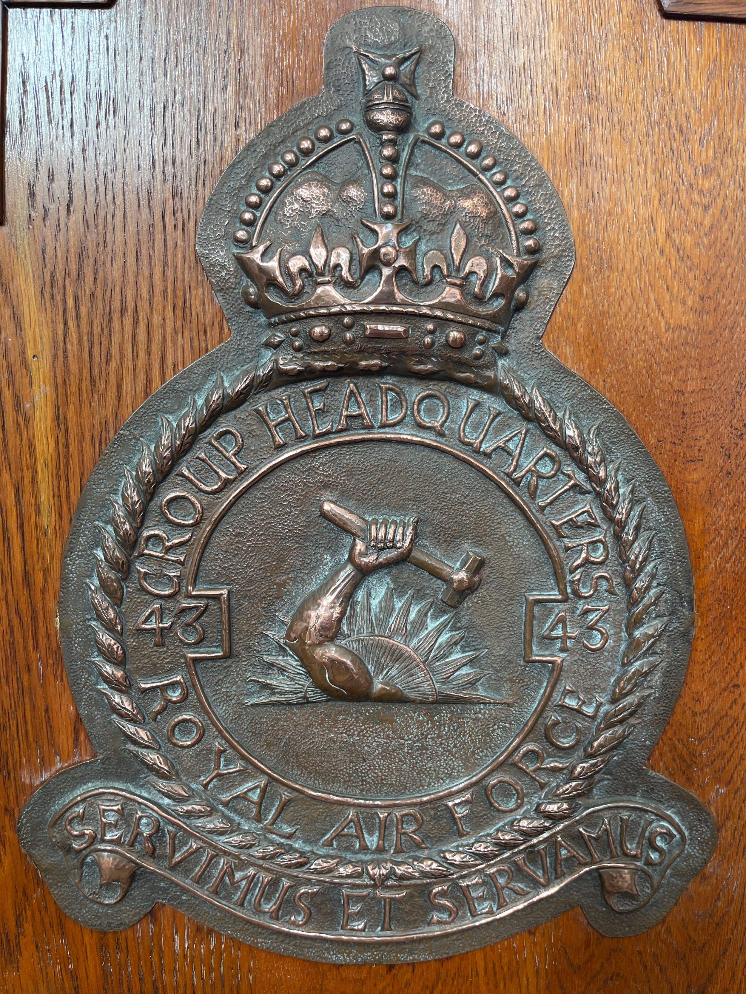 A Group Headquarters No. 43 RAF crest in copper mounted on an oak display, with plaque marked “ - Image 2 of 3