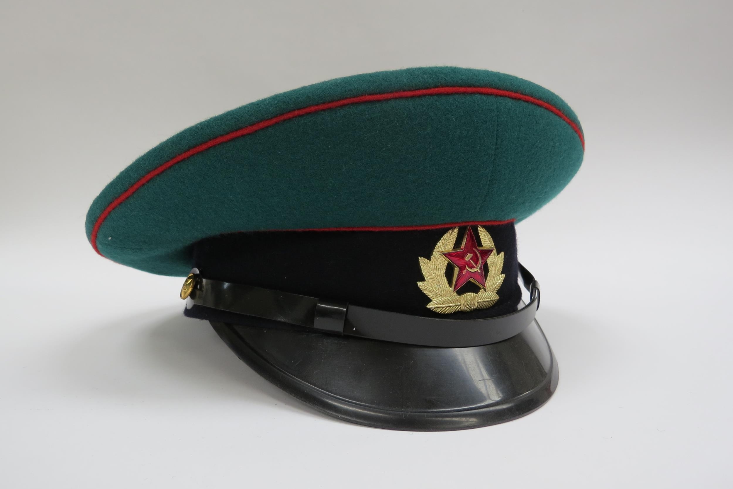 Four USSR Russian Soviet peaked visor caps: Border Guard (green with red piping), Air Force (blue - Image 6 of 9