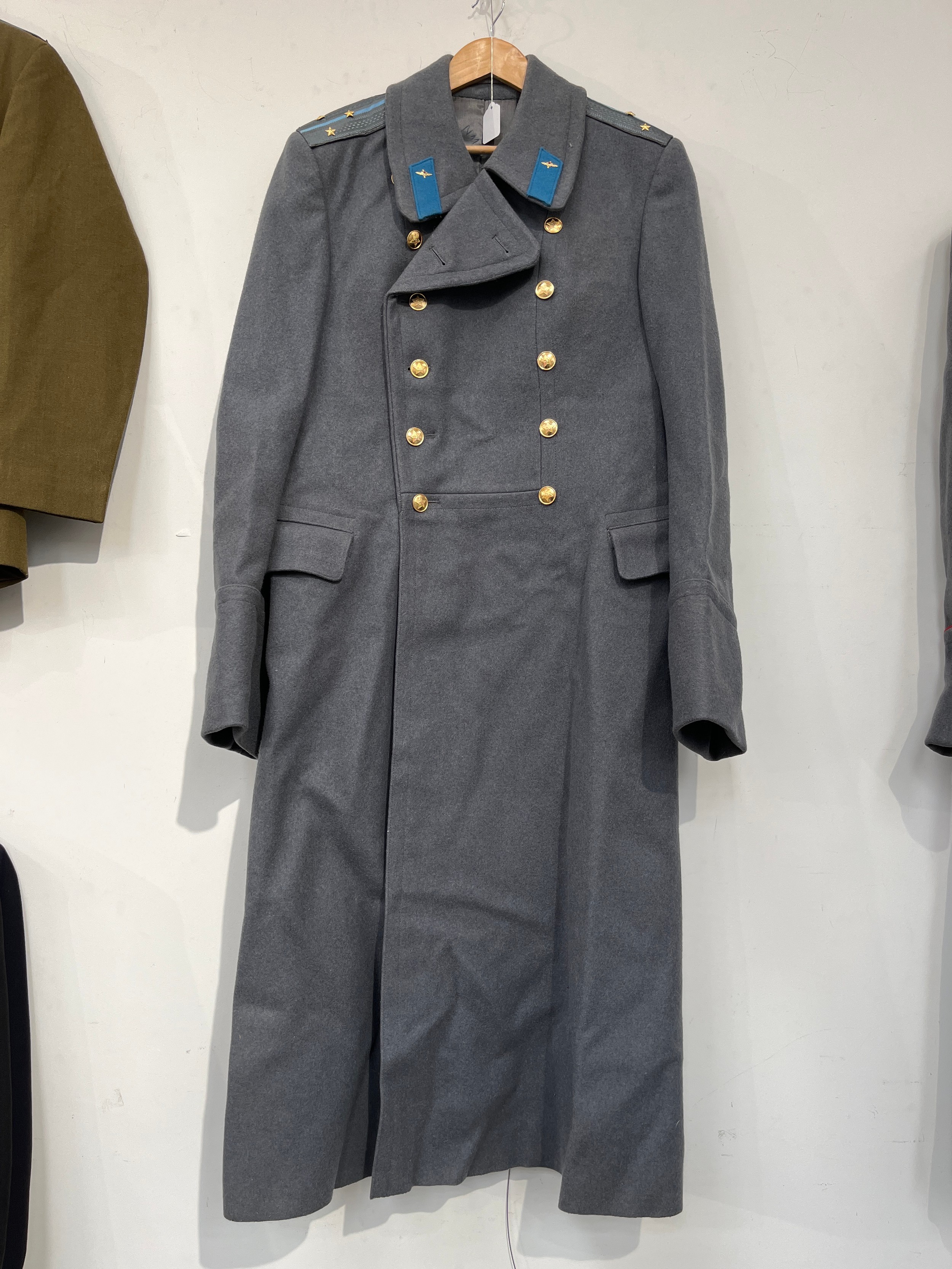 A USSR Russian Soviet Air Force officer's overcoat, three star pips to shoulders