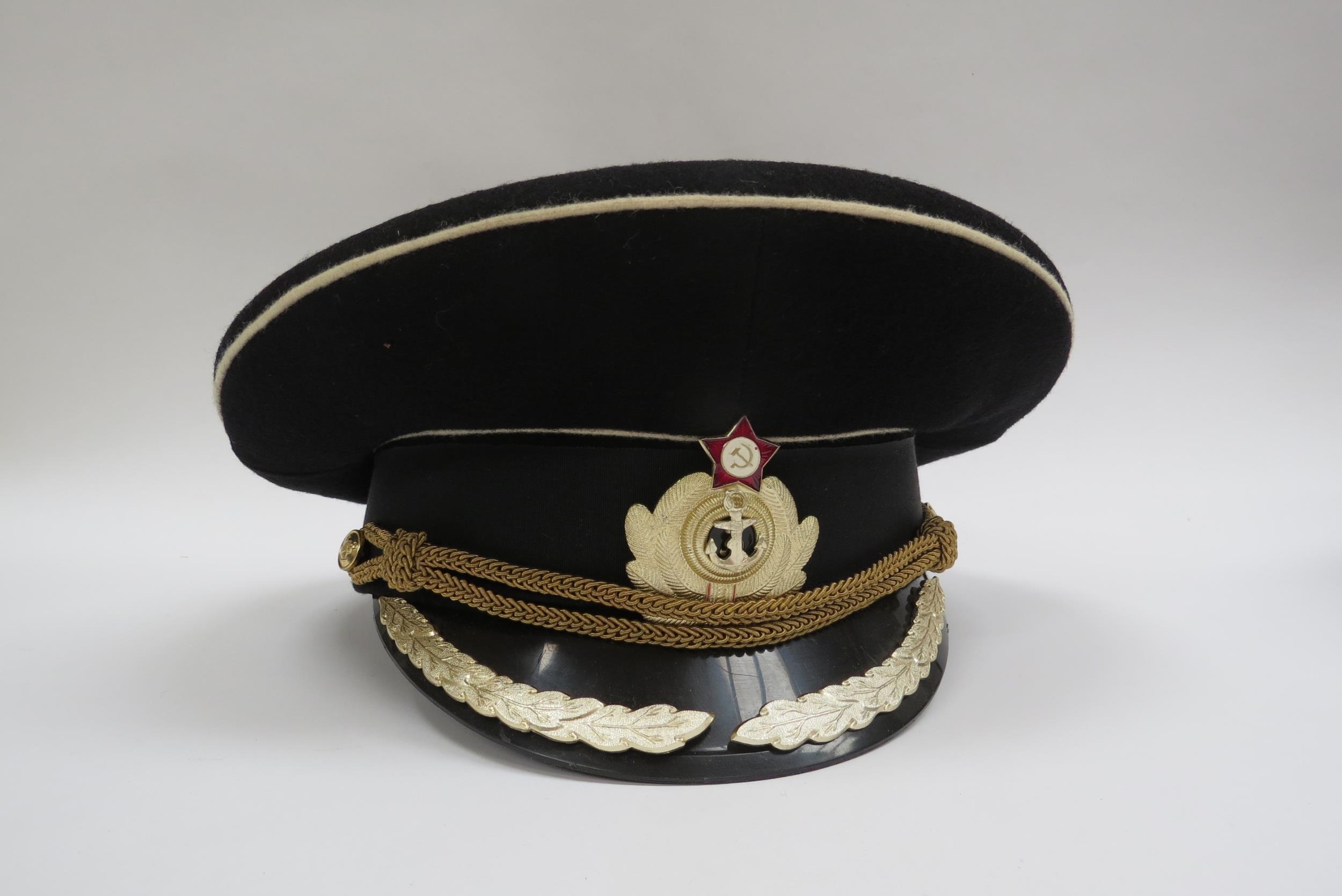 Three USSR Russian Soviet Naval officer's peaked visor caps, two high ranking with leaves to - Image 2 of 7