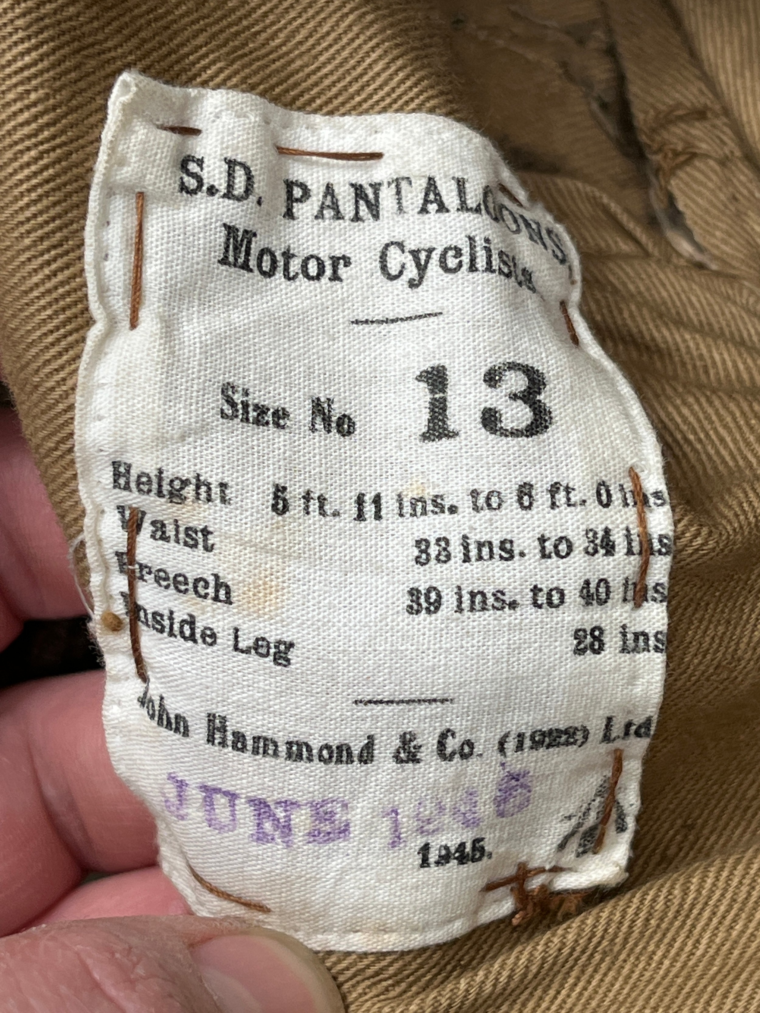 A pair of WWII British Service Dress Pantaloons for Motor Cyclists, size no. 13 with date June 1945 - Image 3 of 3