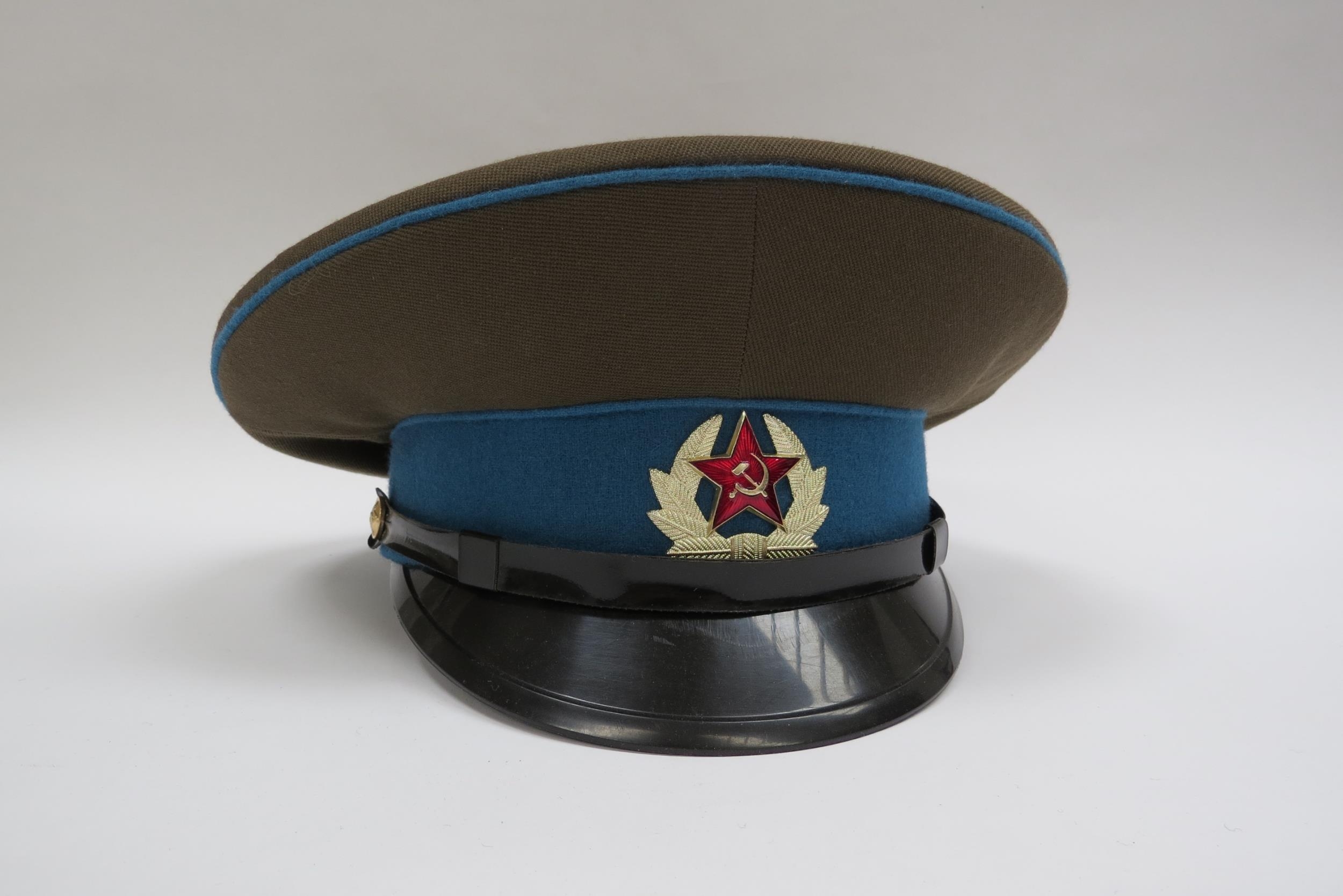 Four USSR Russian Soviet peaked visor caps: Border Guard (green with red piping), Air Force (blue - Image 8 of 9