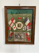 A WWI theme silk embroidery ‘Dieu et mon Droit’, crossed flags of the allies, 50cm x 43cm, framed