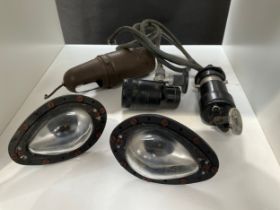 Two WWII Air Ministry RAF Aircraft Teardrop Identification lamps together with an inspection lamp
