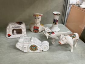 Six items of WWI era porcelain crested ware including Mk I tank, British Bulldog and an early