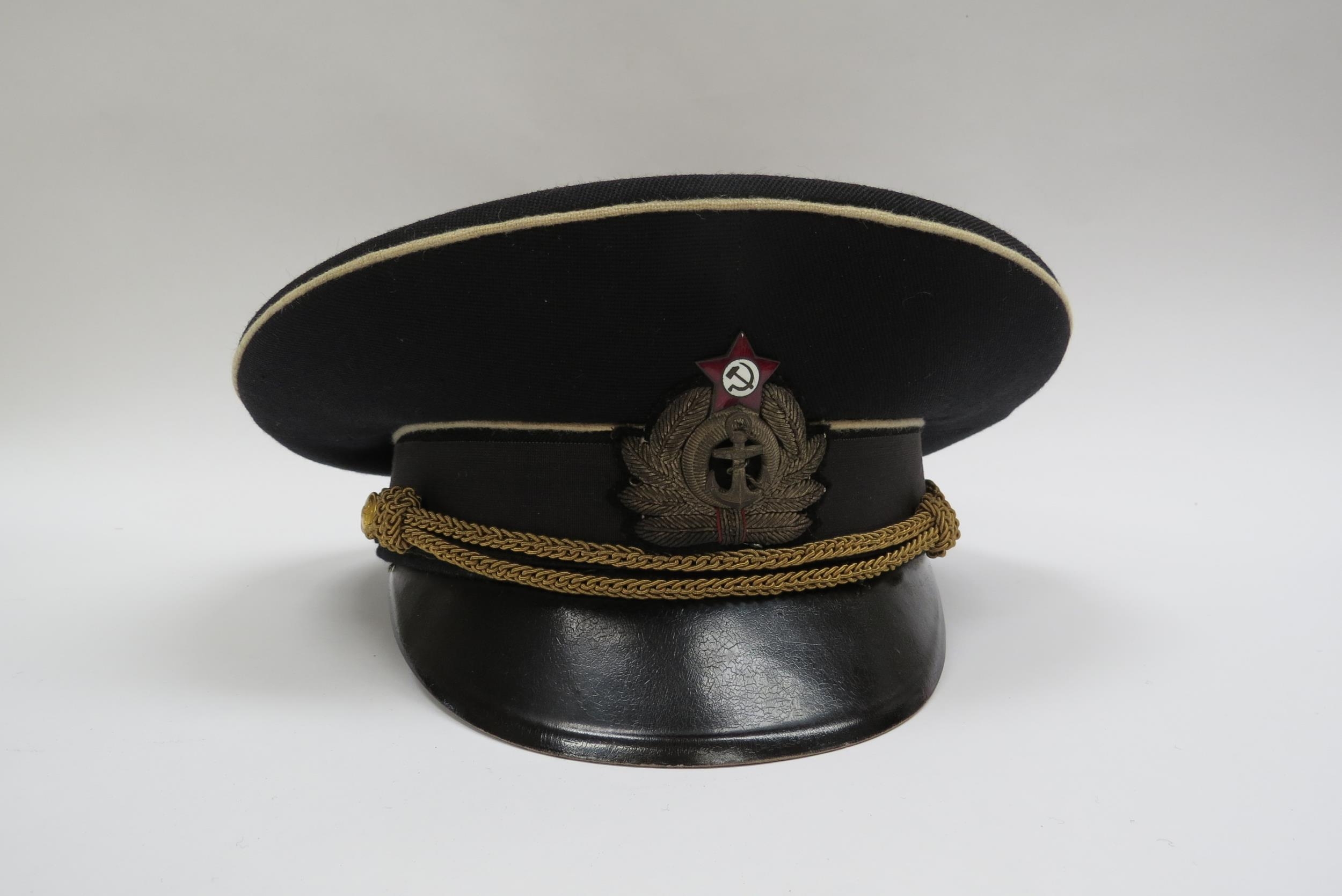 Three USSR Russian Soviet Naval officer's peaked visor caps, two high ranking with leaves to - Image 6 of 7