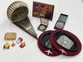 A quantity of items relating to a 3rd Airborne Arnhem veteran including blazers, berets, parachute