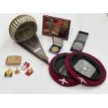 A quantity of items relating to a 3rd Airborne Arnhem veteran including blazers, berets, parachute