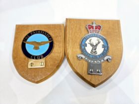 Two British military car badges: Royal Air Force 33 Squadron 'Loyalty' and The Pathfinder Club, both