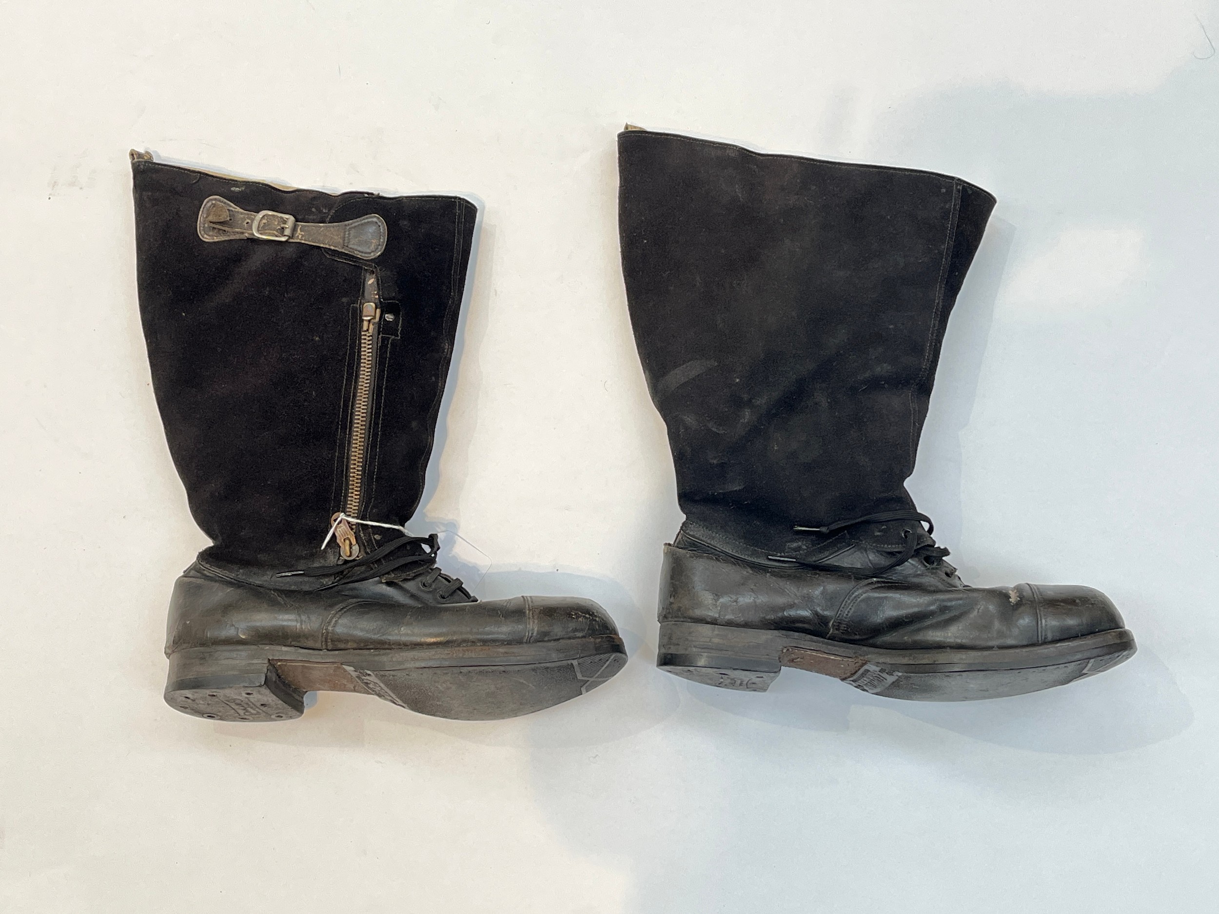 A pair of WWII British RAF flying boots “escape boots”, black leather and suede, the lower shoe - Image 2 of 2