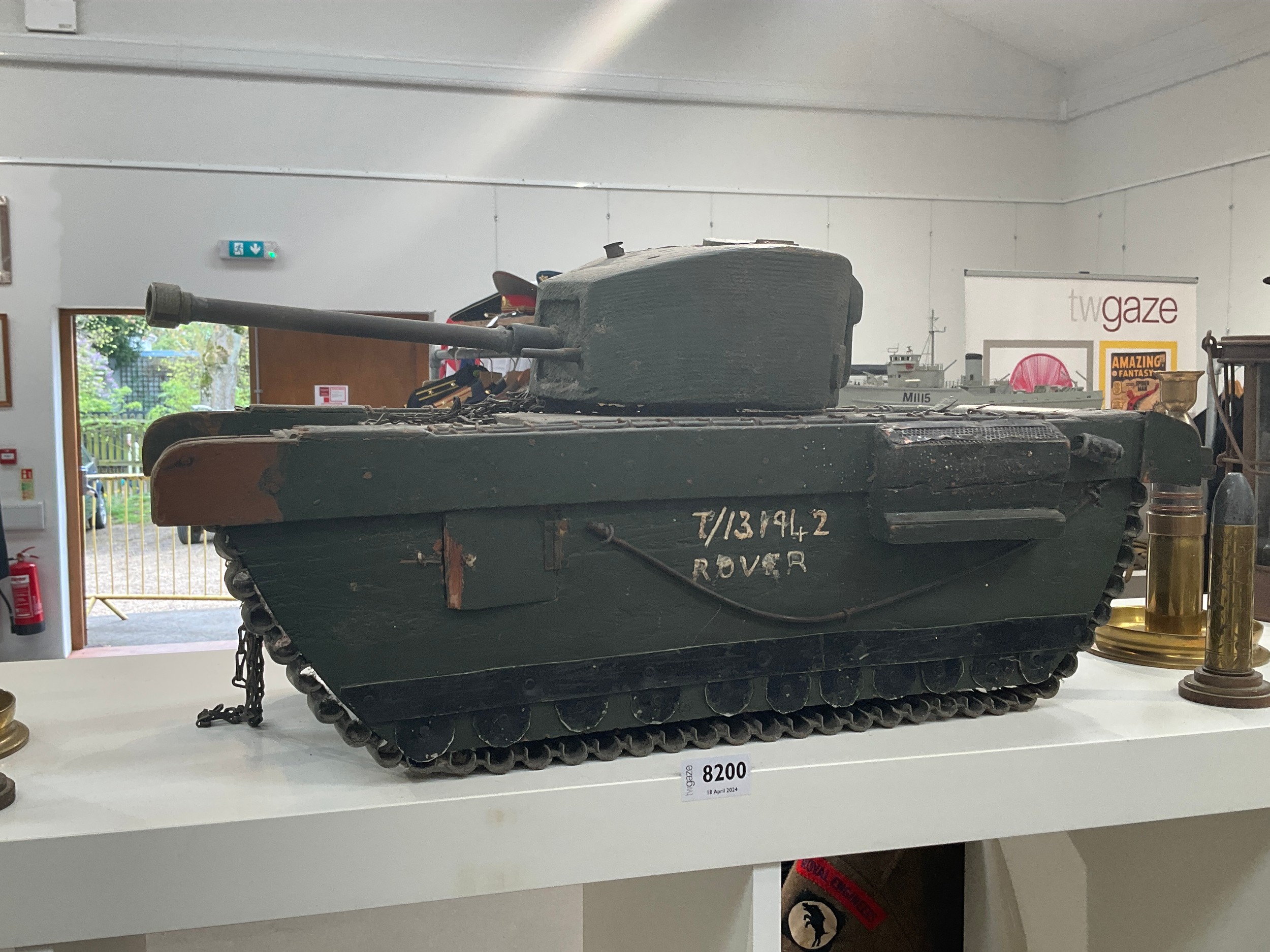 A wartime scratch-built model of a tank, 64cm long