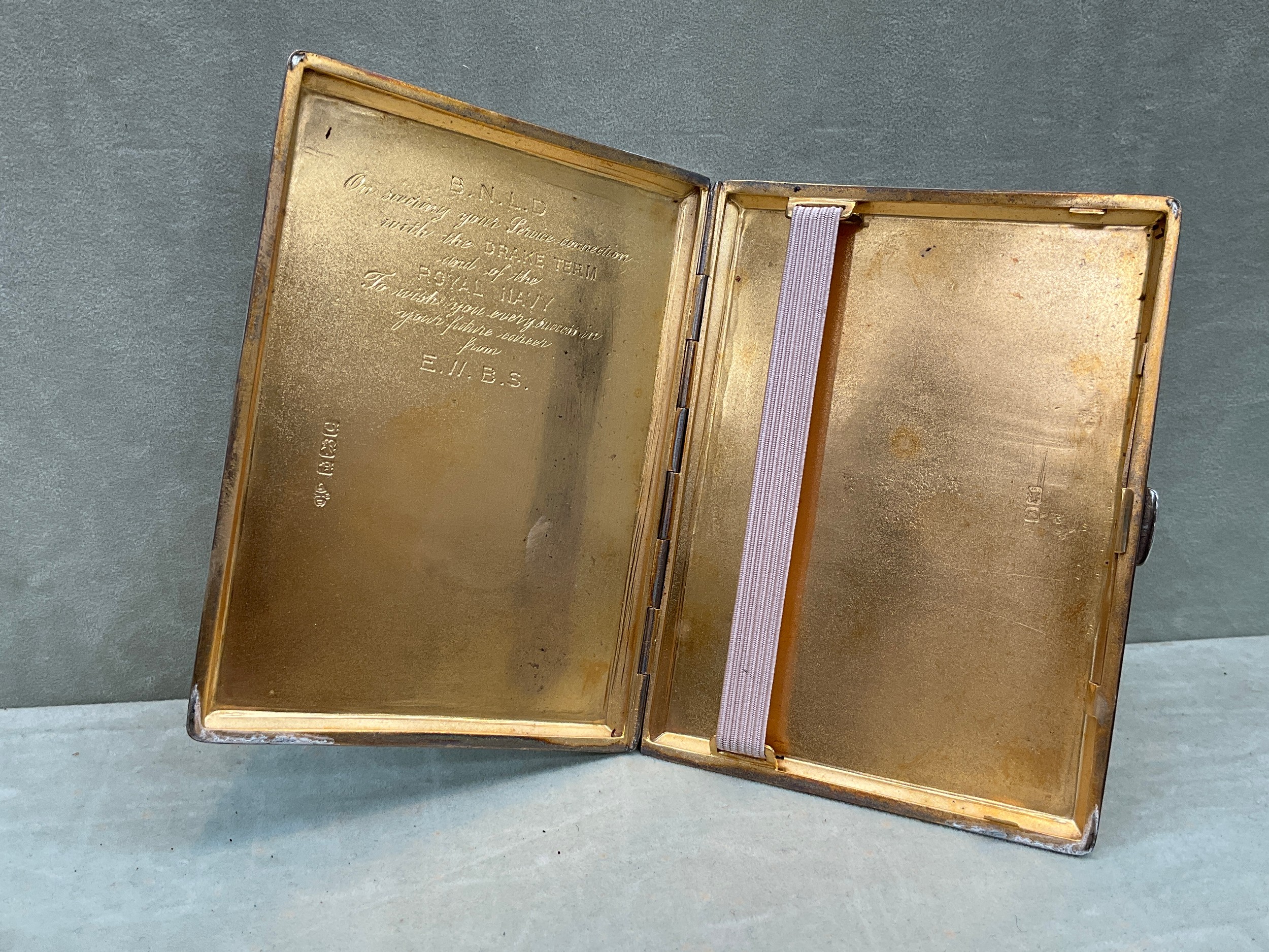 A William Hutton & Sons Ltd. silver cigarette case, plain with initials to corner, inscribed to - Bild 3 aus 3