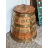 A Royal Navy coopered oak rum tub, brass detail “THE QUEEN GOD BLESS HER”