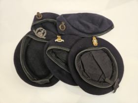 Five various berets with badges including George crown Army Ordnance, Royal Army Pay Corps, Royal