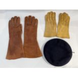 A Scott & Co. beret (black) together with a pair of gauntlets and a pair of leather gloves. From the