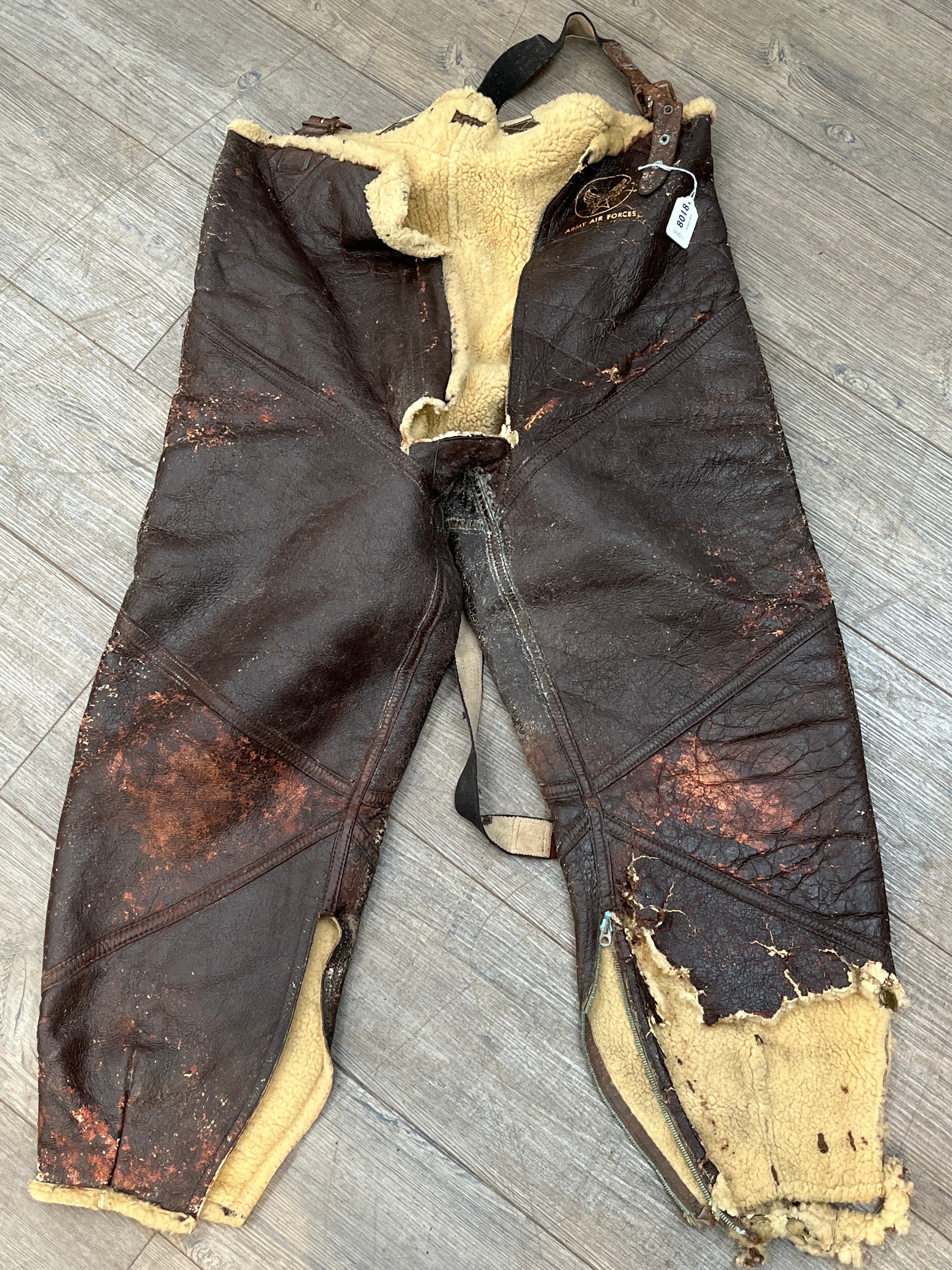 A pair of WWII USAAF A-3 Sheepskin flying trousers in relic condition